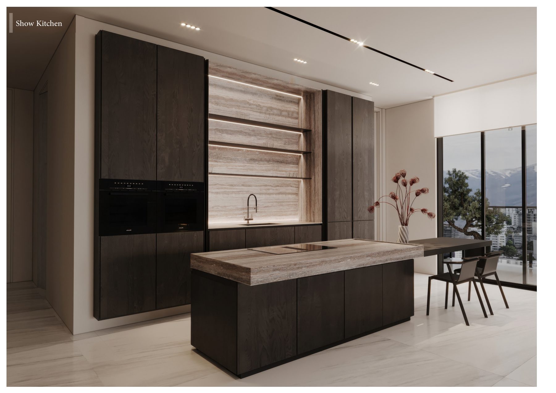 Dark timber kitchen with a stone island and adjoining dining table.
