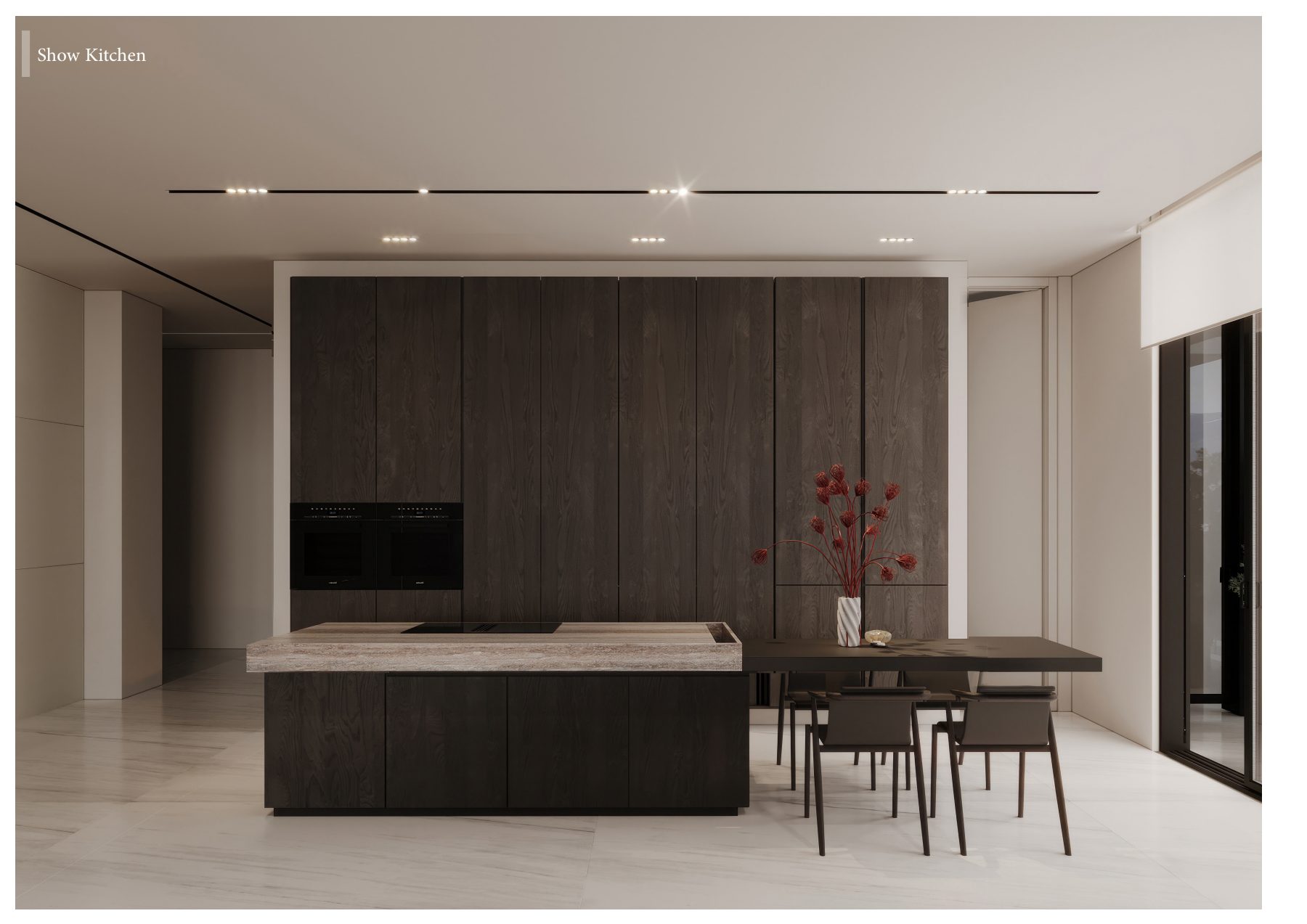 Front view of dark kitchen cabinets and a stone island with dining extension.