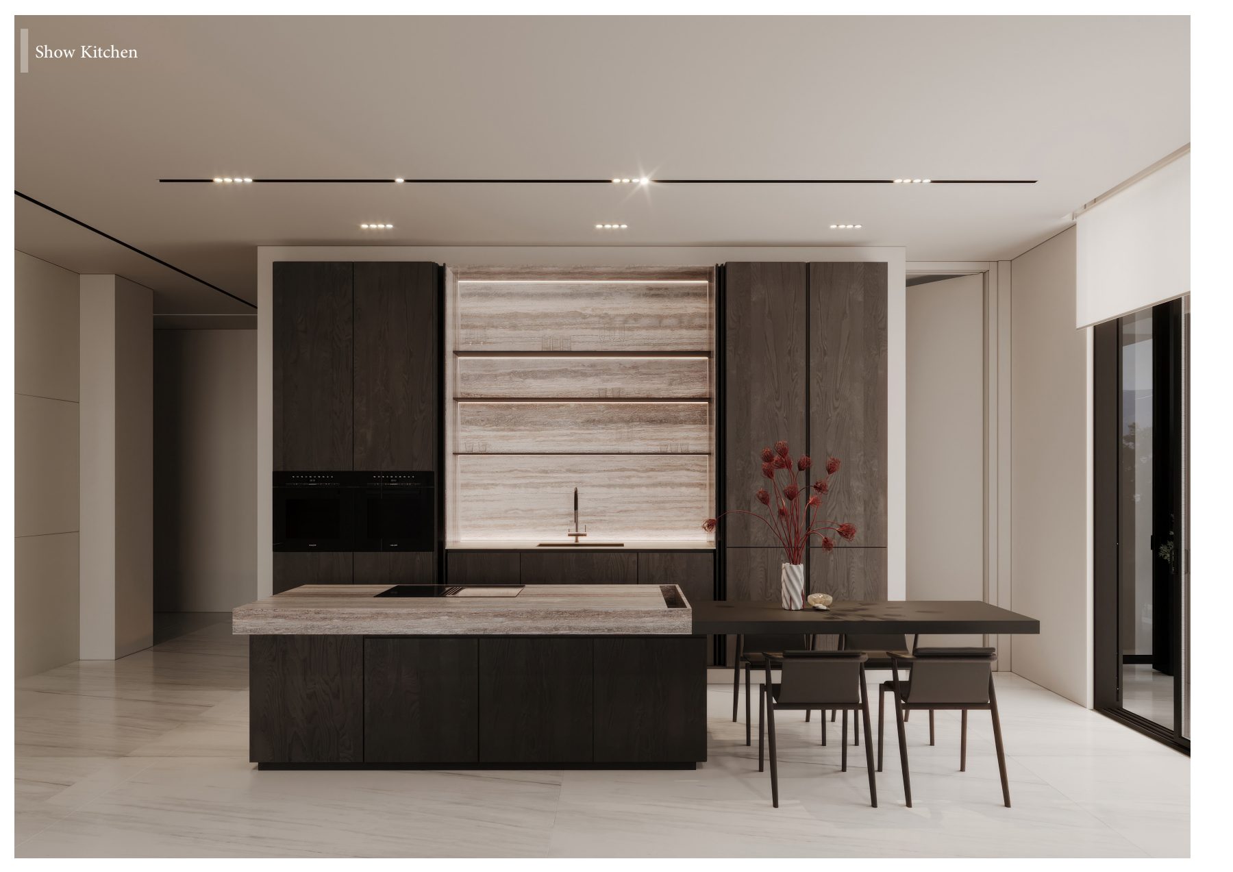 Kitchen island beneath an illuminated stone splashback and dark timber cabinets.