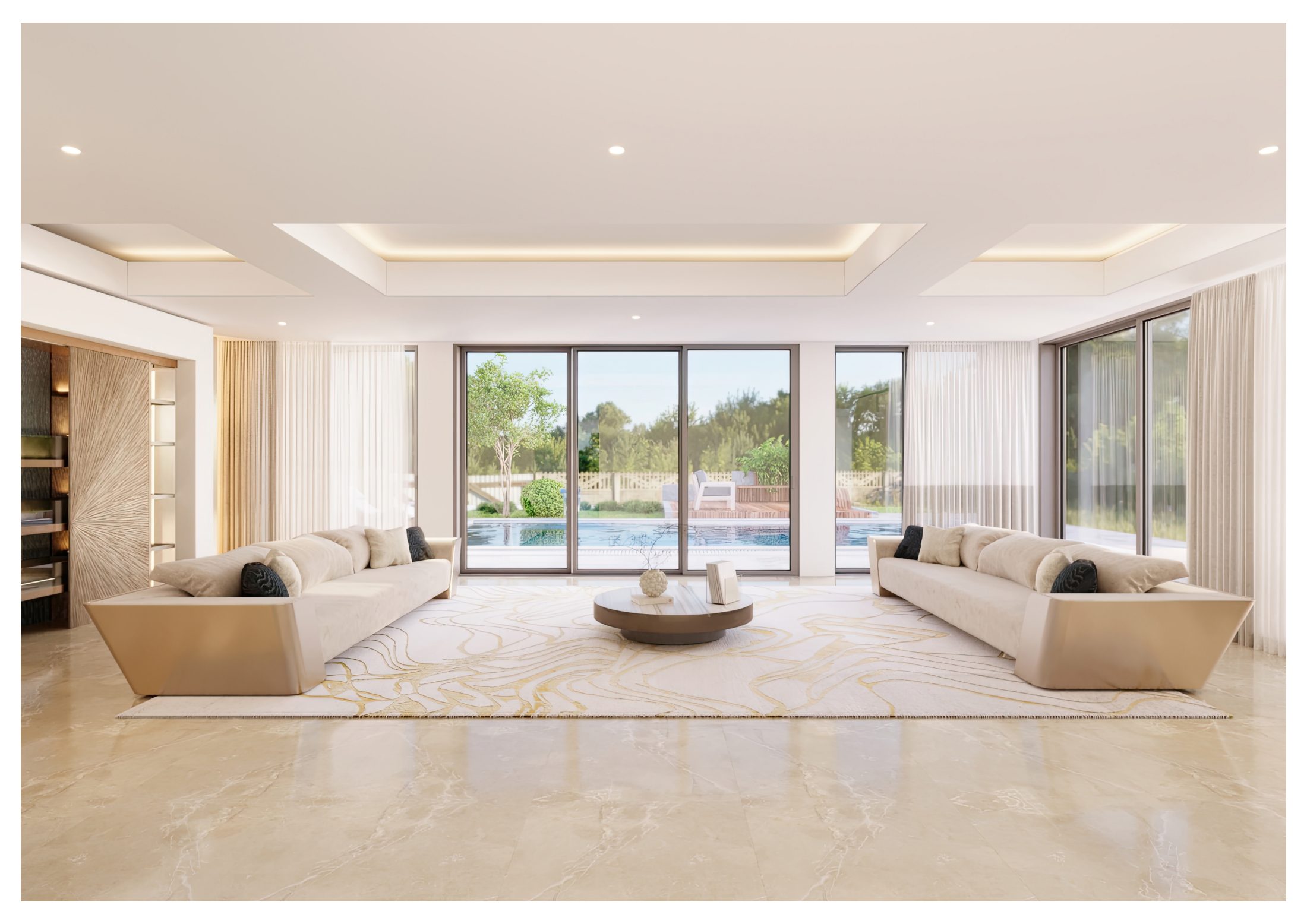 Garden-facing living room with two cream sofas and a low round table.