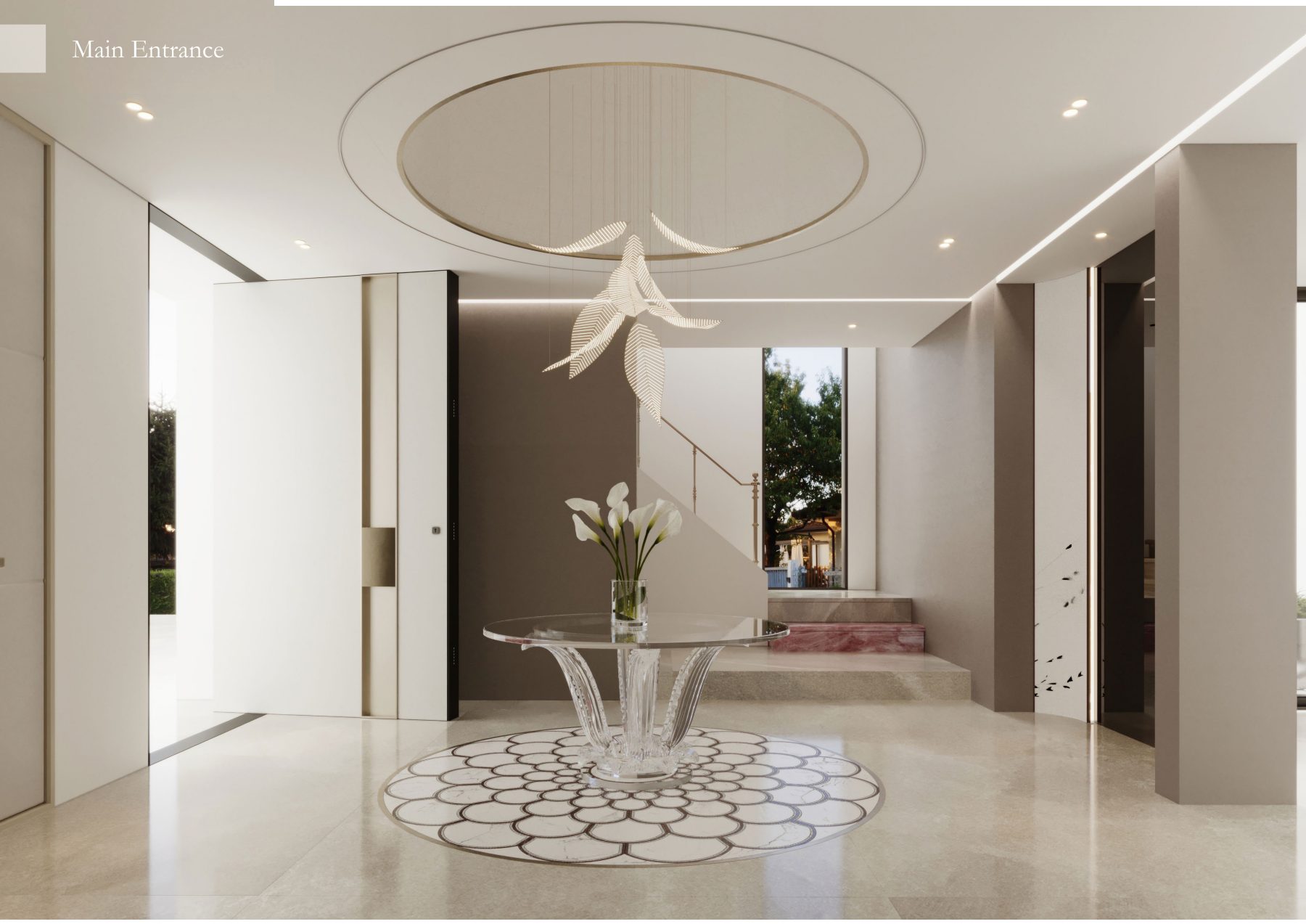 Sculptural entrance pendant above a circular patterned floor and clear console.