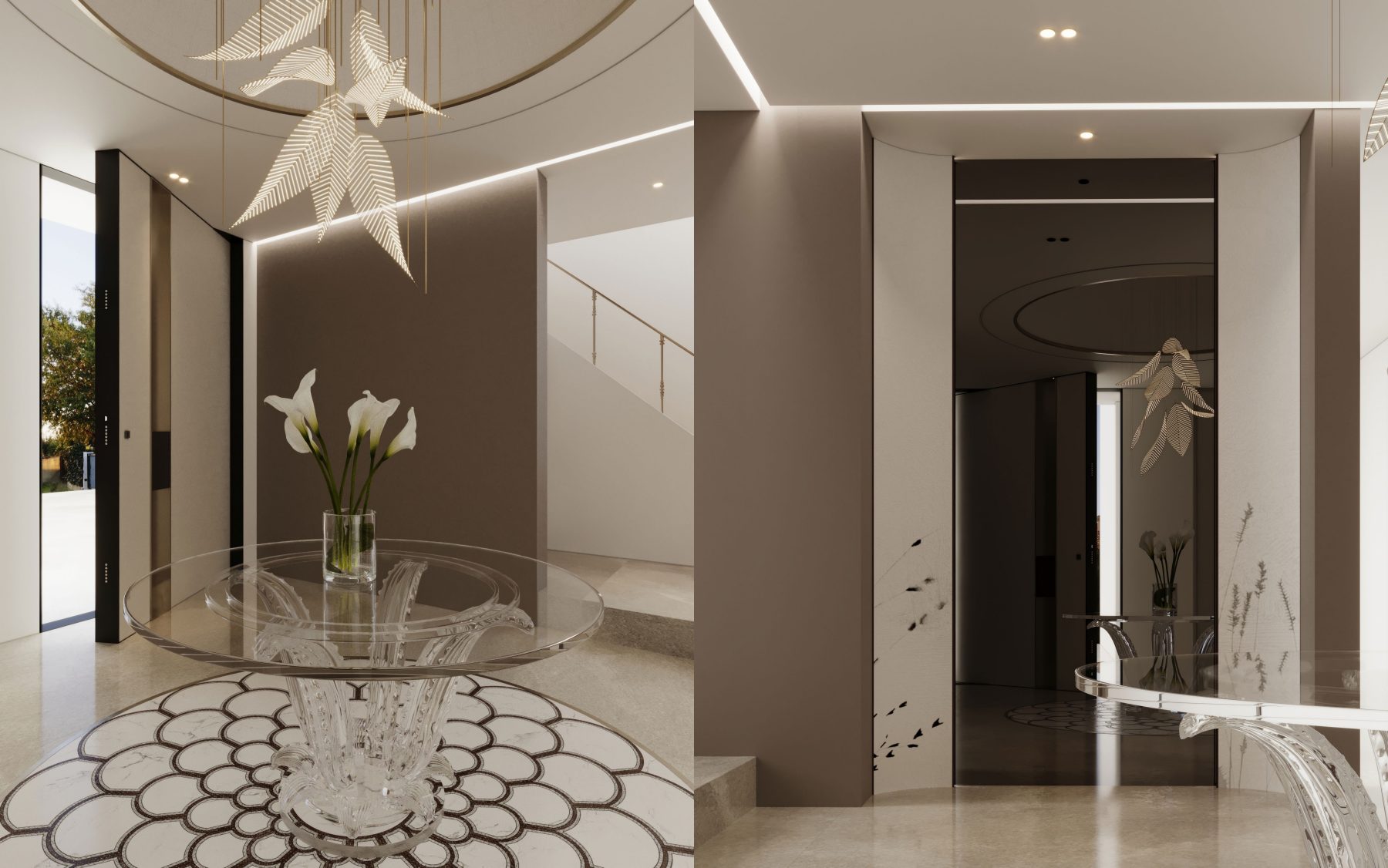 Two views of an entrance with a floating pendant and tall mirror.