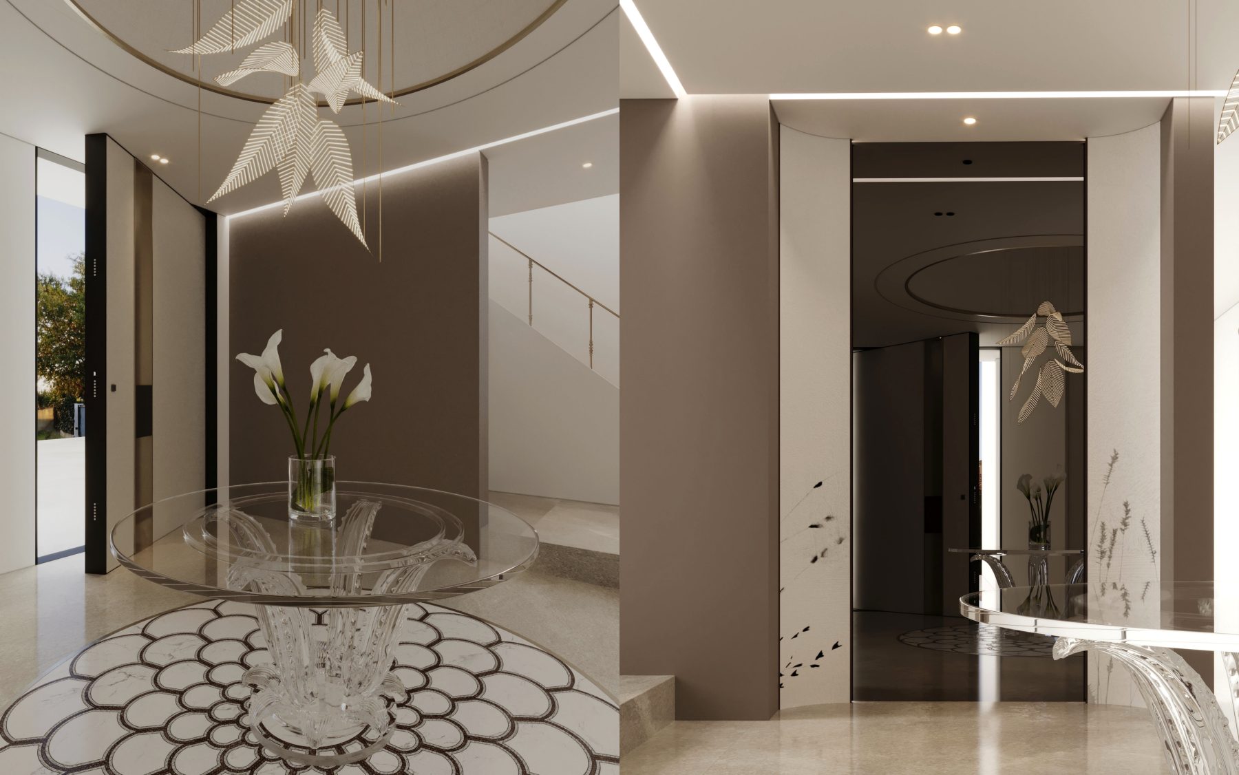 Two views of a patterned entrance floor and sculptural transparent table.