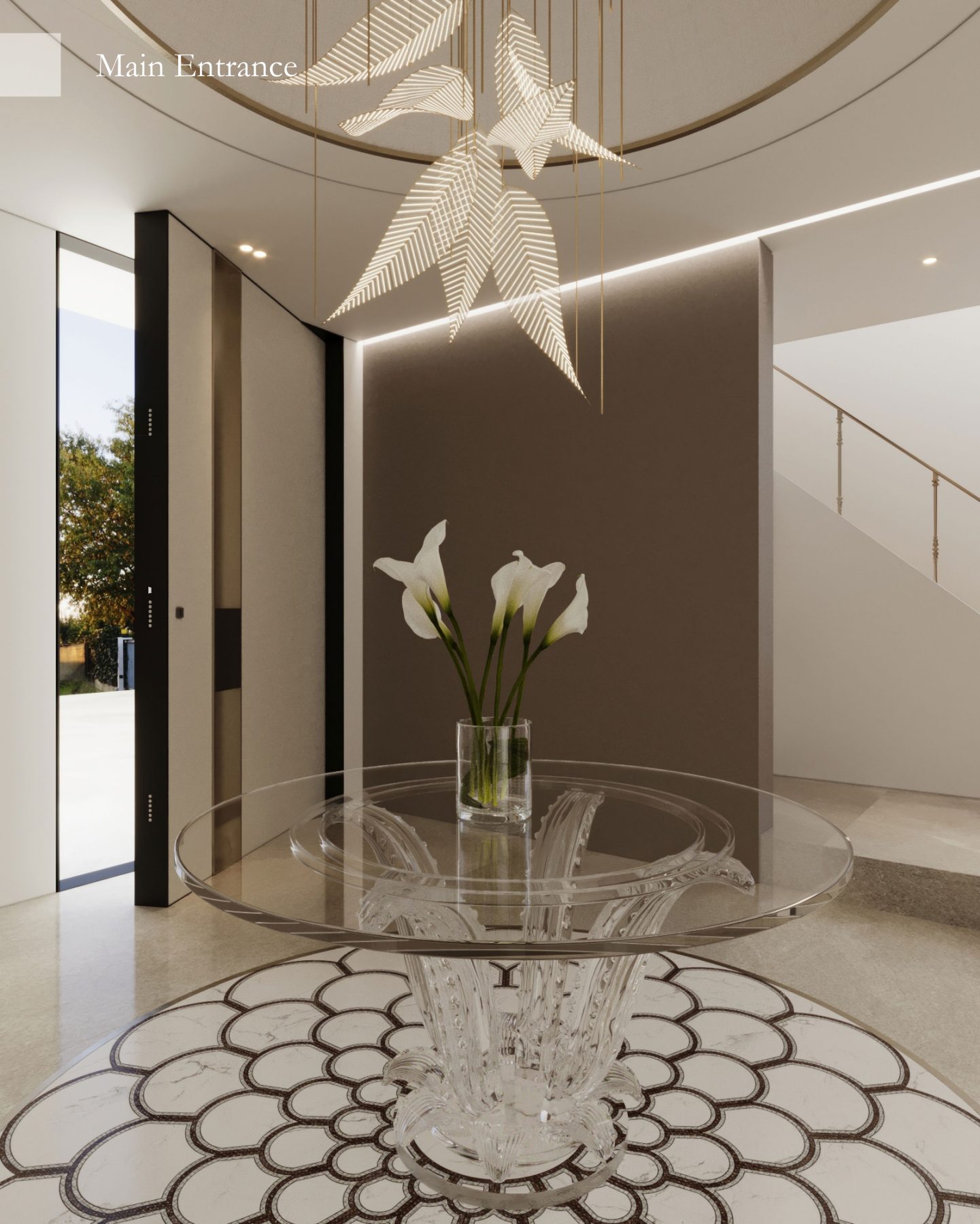 Entrance table with white flowers beneath a suspended petal-like pendant.