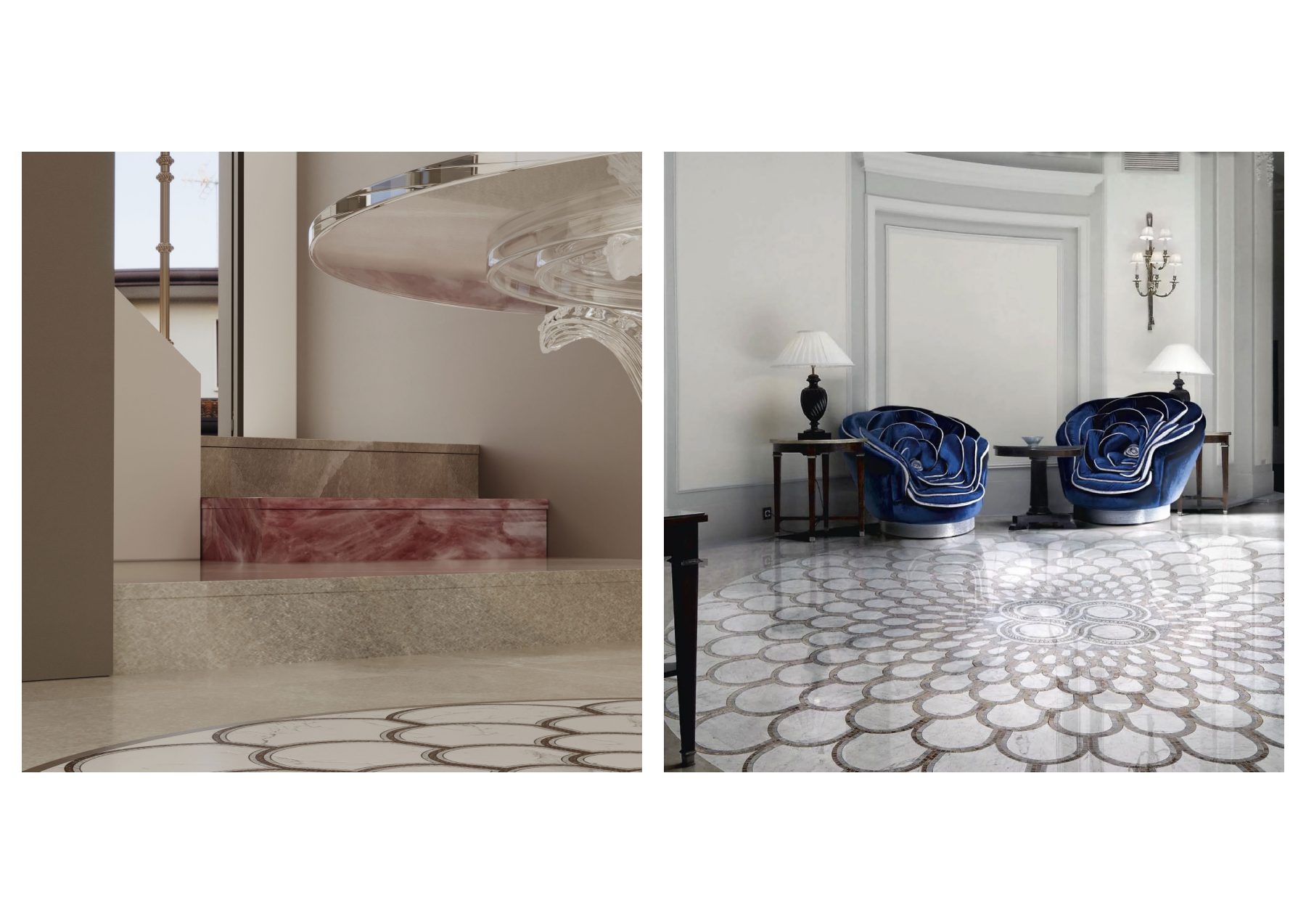 Presentation pairing a rose-stone stair detail with blue sculptural chairs.