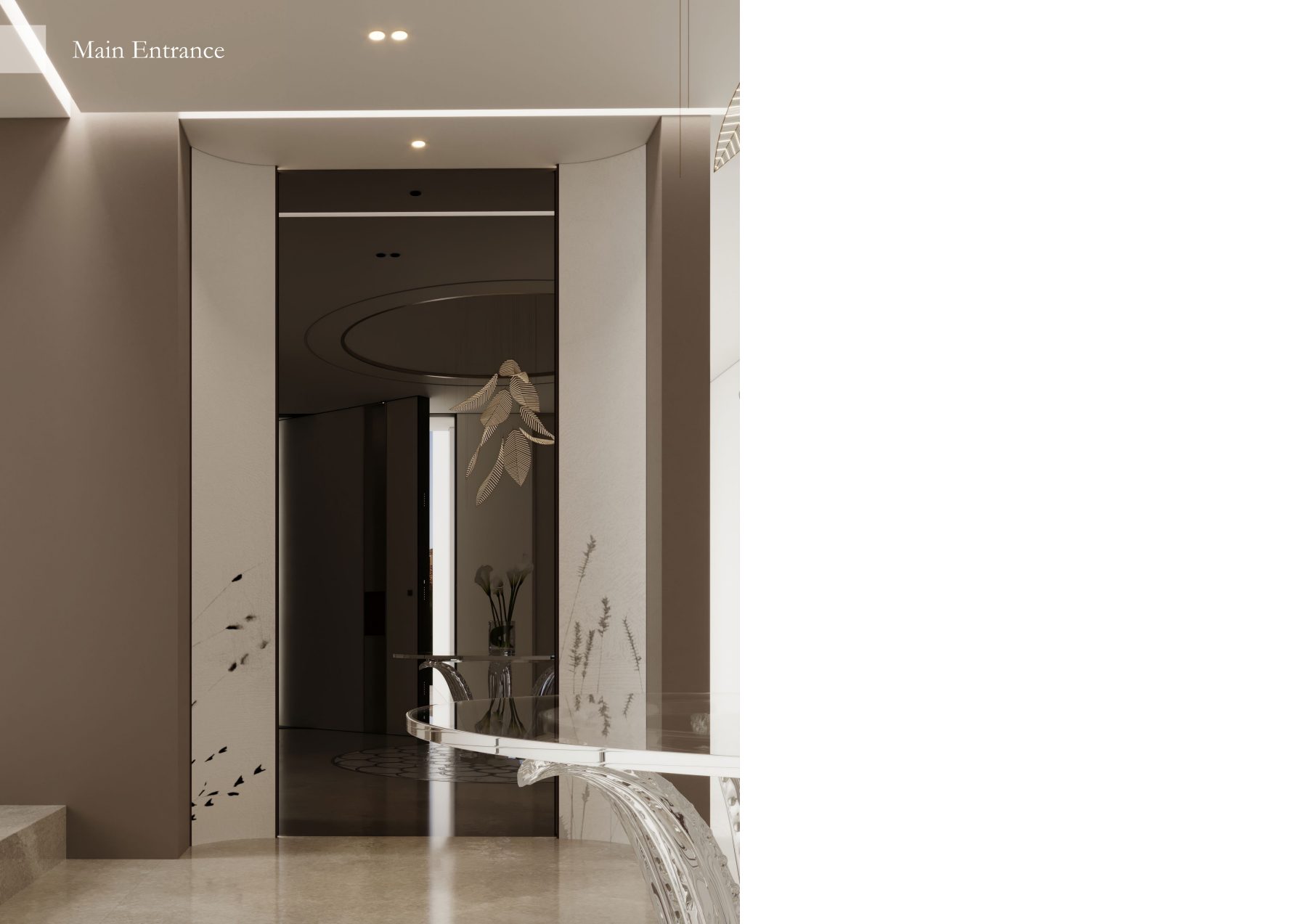 Tall entrance mirror reflecting a sculptural pendant and console.