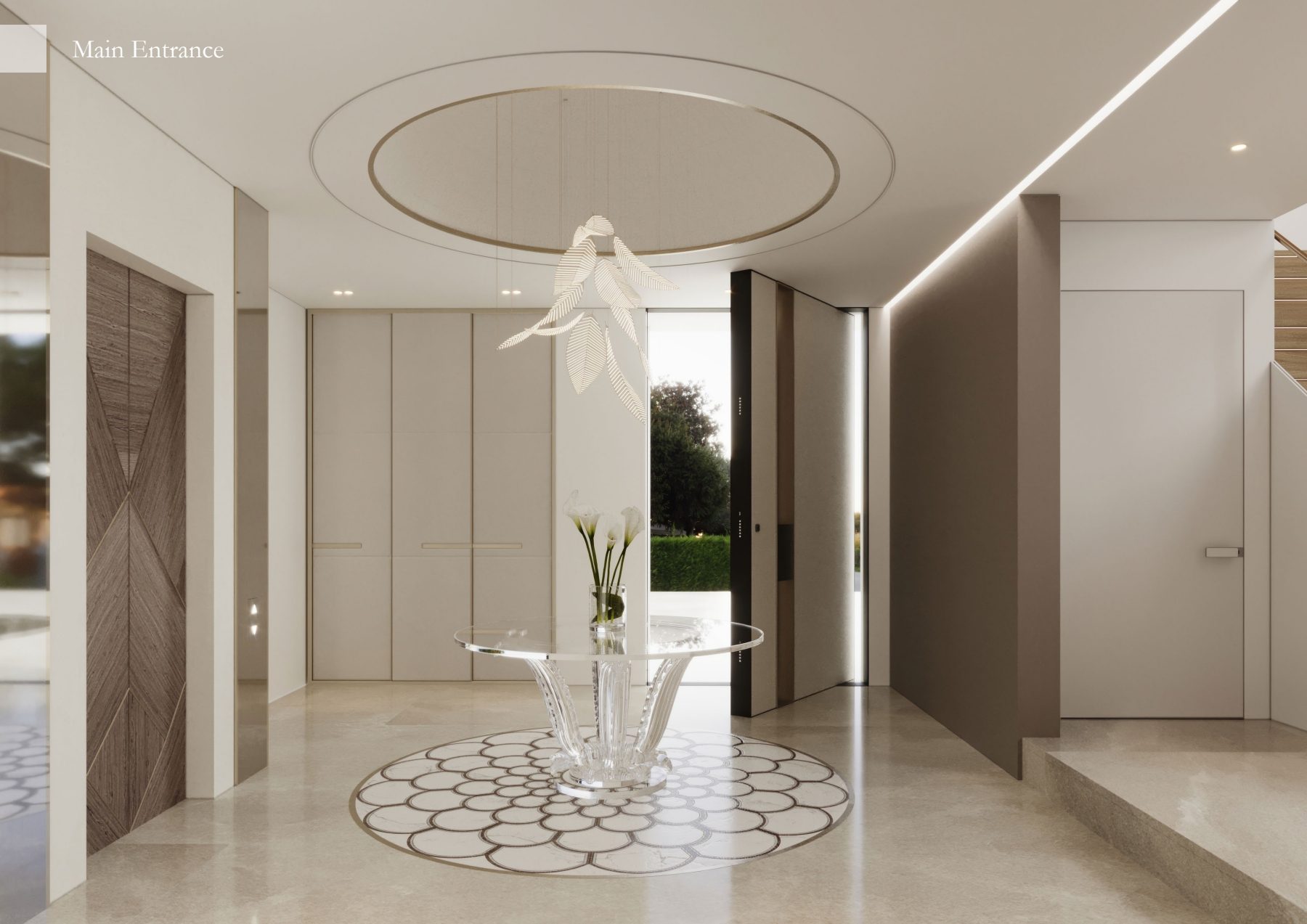 Wide entrance view with a circular ceiling feature and patterned stone floor.
