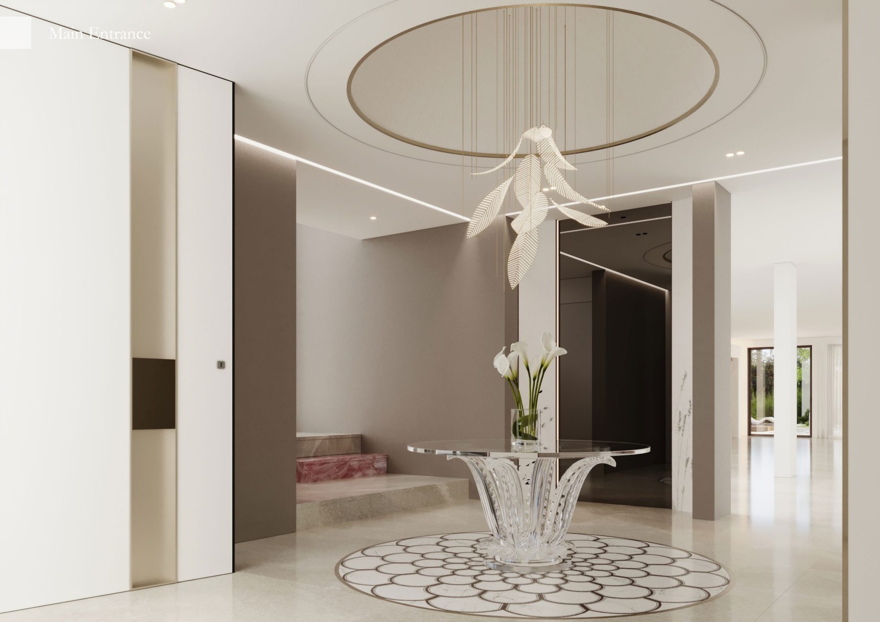 Entrance hall with transparent table and rose-stone stairs beyond.