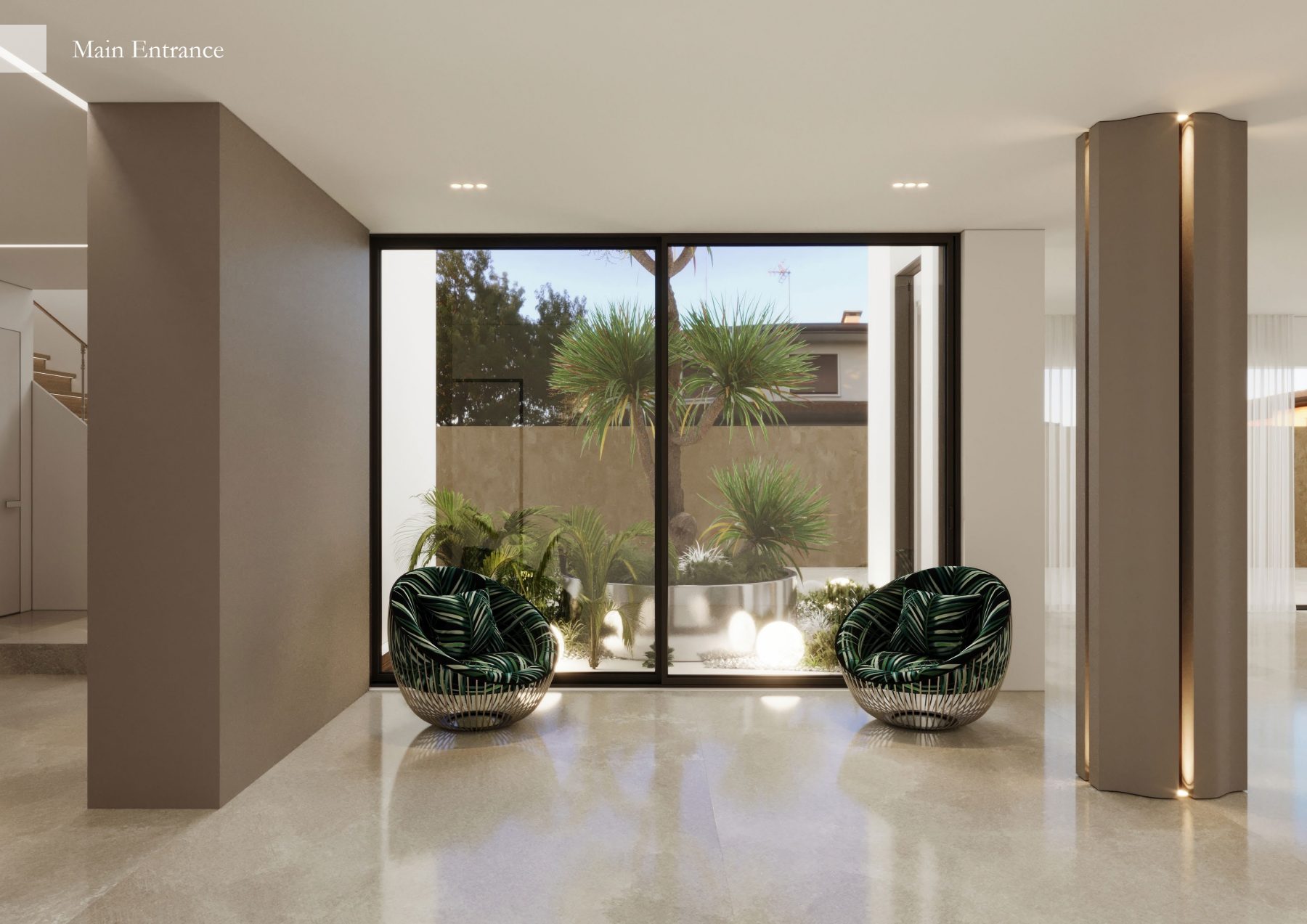 Repeated supplied view of green chairs beside garden doors.