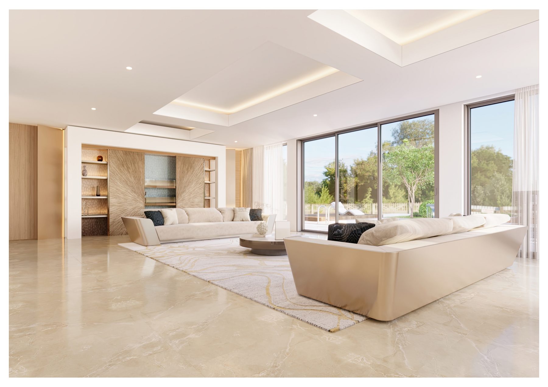 Light-filled living room with cream sofas and broad garden-facing windows.