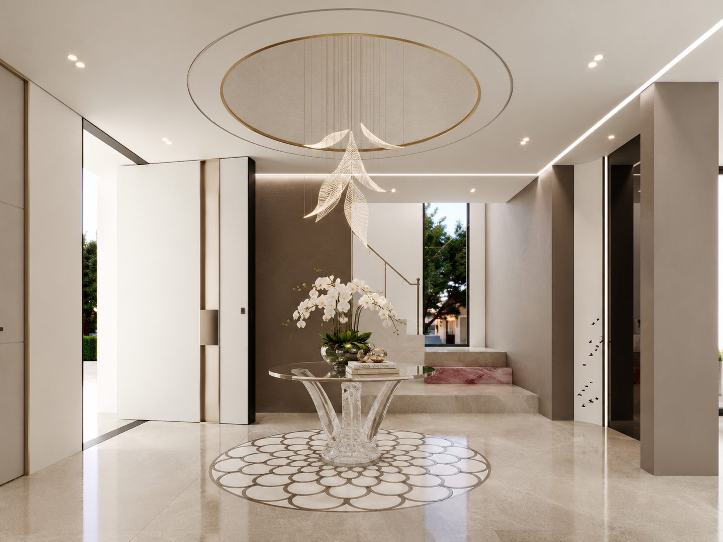 Entrance with a floral arrangement beneath a suspended sculptural pendant.