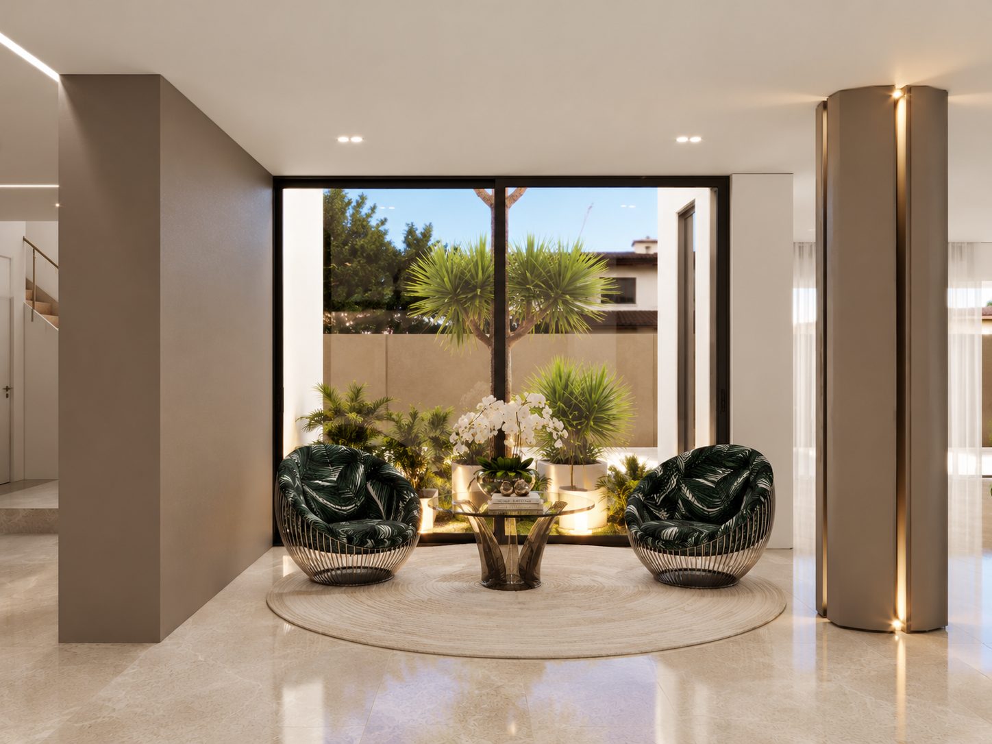 Repeated supplied view of green lounge chairs and a gold table.