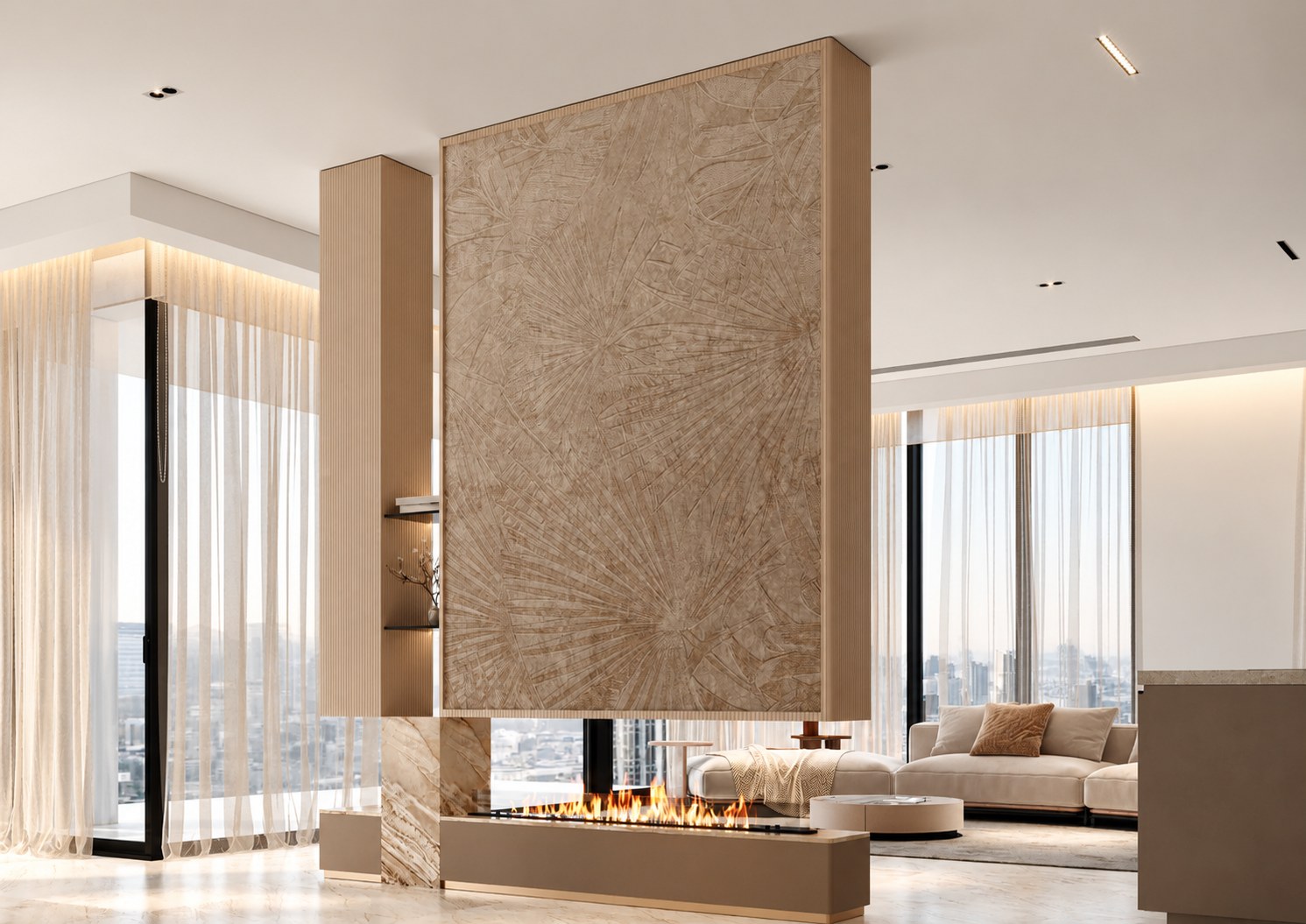 A suspended carved-stone fireplace divides a sunlit living space.
