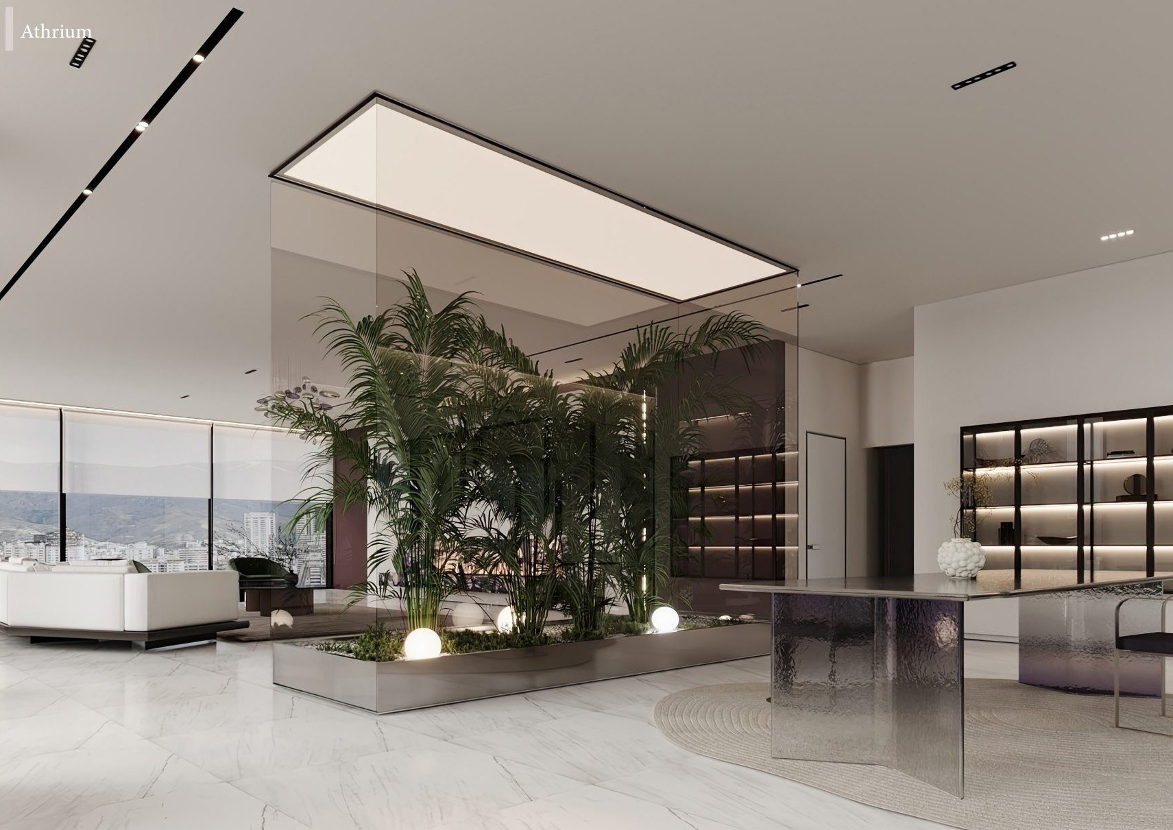 A planted glass atrium beside polished stone counters and illuminated shelving.